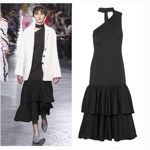 ReJina Pyo Black One Shoulder Full Length Ruffle Tiered Dress Size 10 NWOT